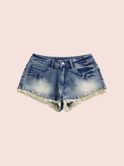 Sweetness Spring/Summer Women's Casual Sweet Sexy Lace Hem Distressed Vintage Washed Low Waist Denim Shorts