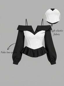 SHEIN MOD Große Größen Elegante Bluse in Schwarz&Weiß für Damen,, Off-Shoulder, minimalistischer Stil, Lässig Alltags-Outfit, Silvester, Streetwear, Bürohemd, Langarm Bluse, Silvester Damen Outfit, elegantes Oberteil, Gothic, Ausgeh-Tops für Damen, Party-Oberteil - Schwarz - Übersicht 6
