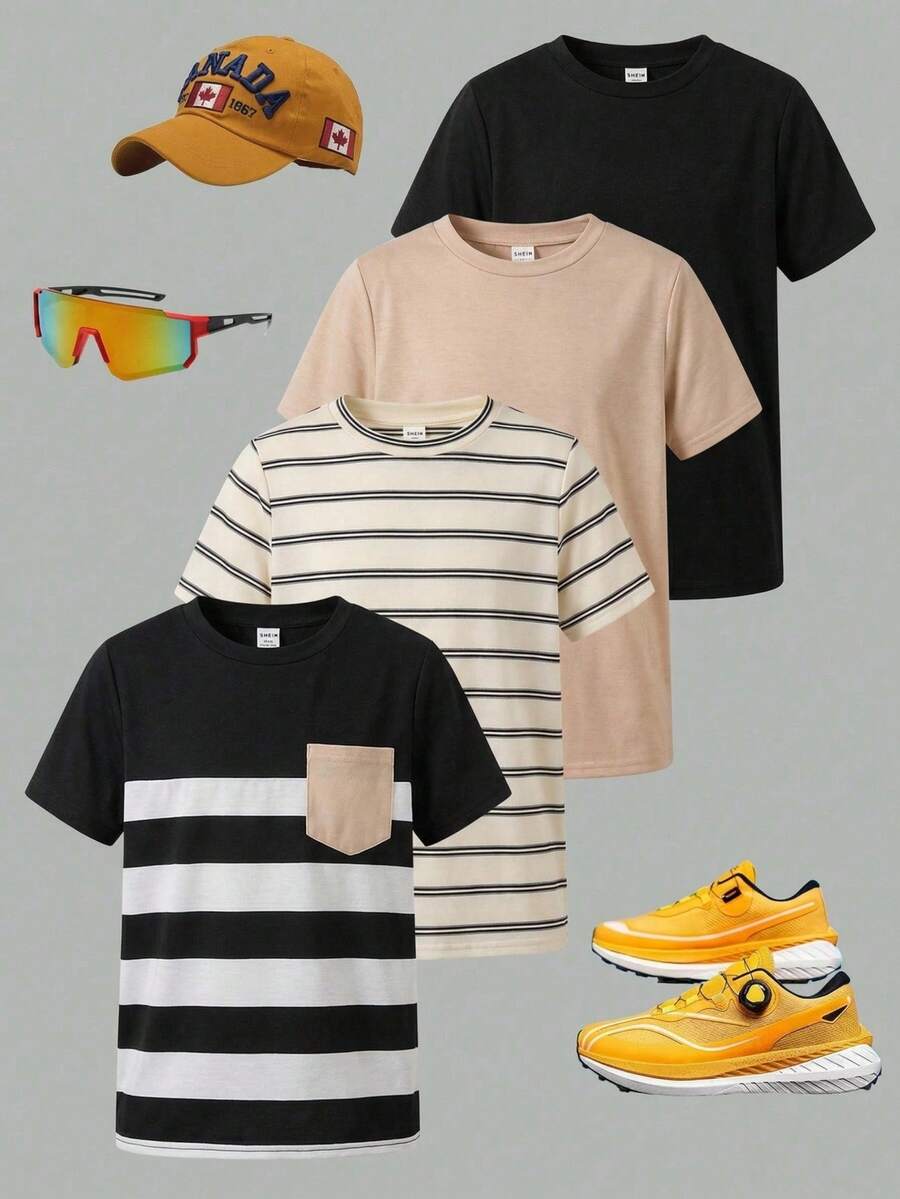 SHEIN 买三送一，4件/套，适合青少年男孩穿着，舒适实惠，休闲百搭，可爱条纹口袋圆领短袖T恤，适合春夏穿着，日常穿着，运动，外出，上学，聚会，节日，拍照，返校季 - 彩色 - 查看 1
