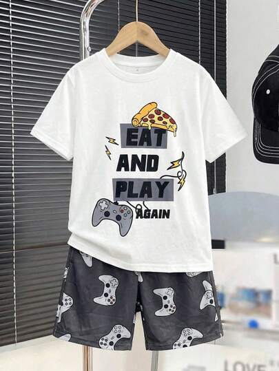 SHEIN Bộ đồ ngủ 2 món cho bé trai tuổi teen, kiểu dáng thường ngày, in hình hoạt hình dễ thương về máy chơi game, gồm áo thun trắng cổ tròn tay ngắn và quần short xám, thích hợp cho mùa xuân/hè, đi chơi, ngày Valentine, hẹn hò, du lịch, nghỉ lễ, họp mặt gia đình, tựu trường, đám cưới, buổi tối, thể thao, tiệc sinh nhật.