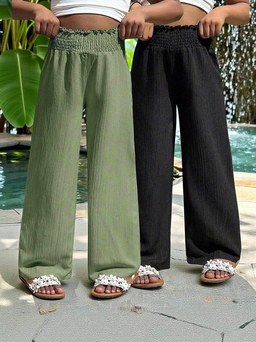 SHEIN Sparklyn 2条装少女纯色抽绳休闲裤,适合度假和户外旅行 - 彩色 - 查看 1