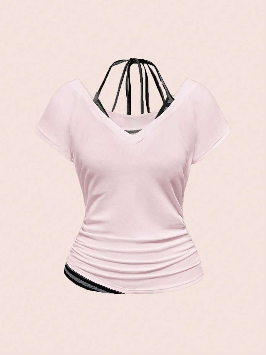 ROMWE Grunge Punk Spring / Summer Women's Sexy Y2K 2 In 1 V-Neck Striped Contrast Color Halter Tie Bow T-Shirt, White - Pink - View 1