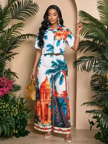 SOLERSUN Camisa de playa sexy y elegante, camisa casual de mujer con tema de árbol de coco para primavera y verano - Verde - Ver 8