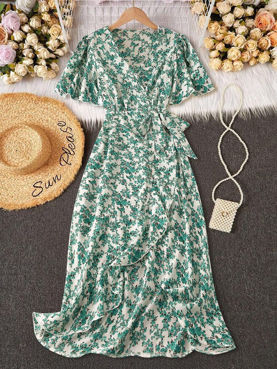 Trelyra Đầm hoa nhí duyên dáng và thanh lịch với cổ chữ V và thắt lưng, kiểu boho thắt nút, viền bèo nhún, tay ngắn quấn cổ chữ V dáng suông midi màu mơ in họa tiết khắp thân đầm, hoa nhí, họa tiết hoa lá, đầm dài chữ A cho nữ, mùa xuân/hè, trang phục maxi mặc hàng ngày, đi nghỉ mát, đi biển. - màu xanh lá - Xem 1