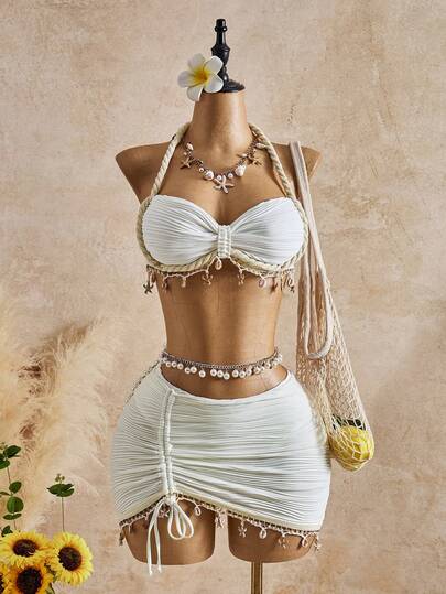 Bellisia Bộ đồ bơi 3 món phong cách Boho ngọt ngào, dễ thương, họa tiết Jacquard màu trắng 2026SS, thích hợp cho kỳ nghỉ hoặc đi biển, dành cho nữ.