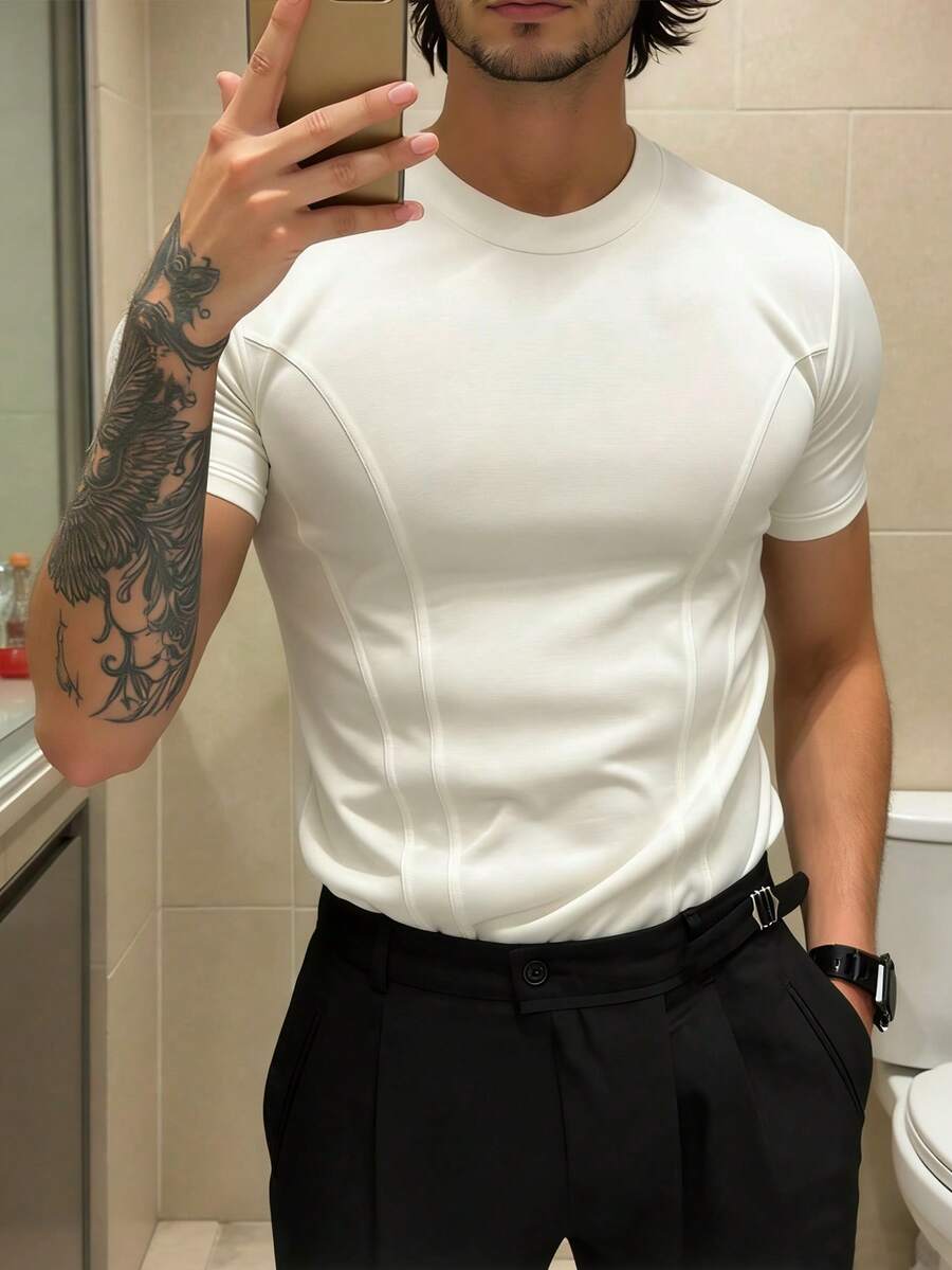 Manfinity Dauomo 男士纯色修身休闲日常短袖T恤 - 白色 - 查看 1