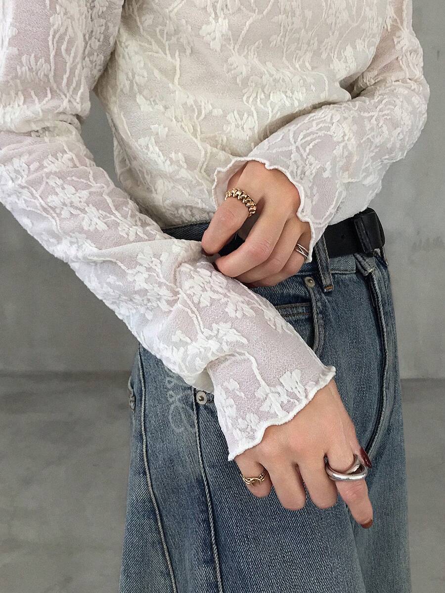 FRIFUL 女士提花立领长袖荷叶边上衣 - 杏色 - 查看 1