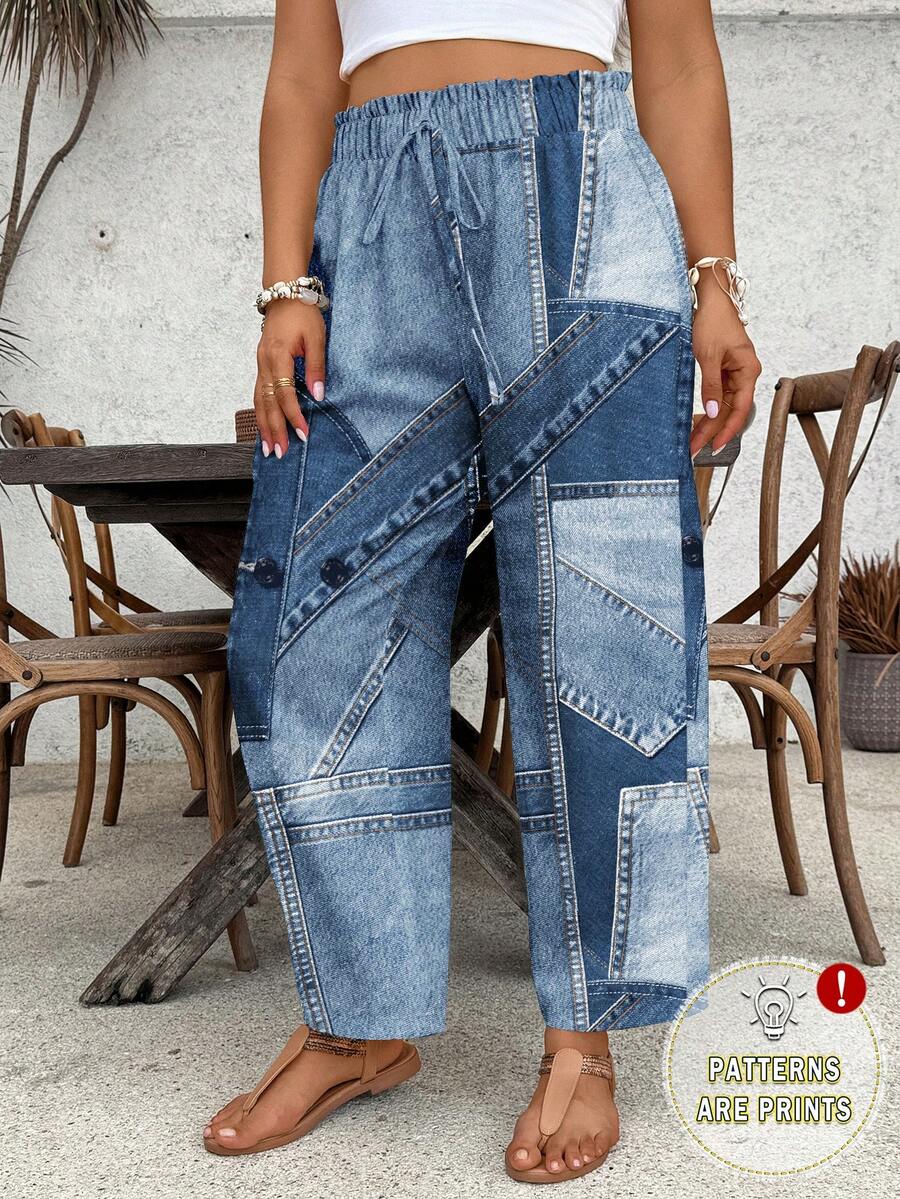 SHEIN VCAY Plus Size Women's Navy Blue Striped Wide-Leg Pants With Pockets,Denim-Look Pattern Boho Vacation Holiday,Spring/Summer Autumn Fashion Beach Shorts - Blue - View 1