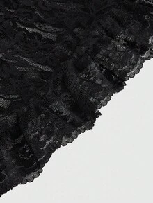 ROMWE Goth 哥特式露肩蕾丝喇叭袖天鹅绒修身加大码女式上衣 - 黑色 - 查看 4