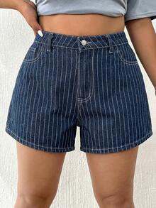 Elaquor Quần short denim dáng rộng, kẻ sọc, có túi, đa năng dành cho nữ cỡ lớn. - Rửa tối - Xem 6