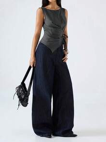 LYSMO Áo tank top không tay cổ tròn kiểu tối giản mới năm 2026, áo sơ mi màu xám, áo sơ mi buộc dây phía trước màu xám, áo sơ mi bất đối xứng, áo sơ mi kẻ sọc nhỏ, áo kiểu thời trang nữ/áo kiểu nữ thường ngày - Xám - Xem 6