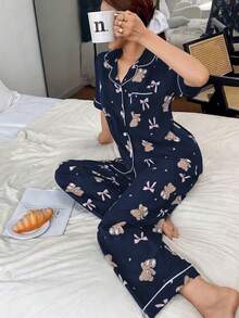 SHEIN Bộ đồ ngủ tay ngắn in họa tiết gấu và nơ - Màu xanh hải quân - Xem 4