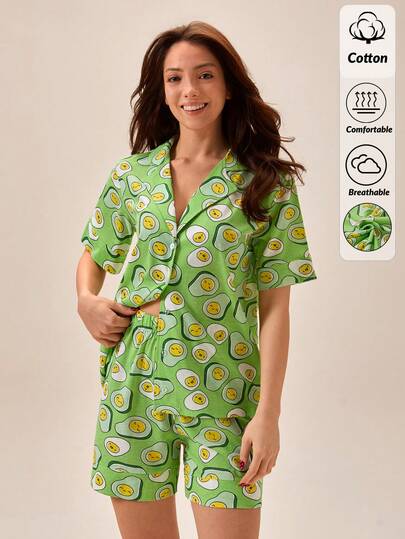 Loomlin Avocado & Egg Cartoon Graphic PJ Set - Notch Collar Short Sleeve Button Front Top & Shorts 2pcs Kawaii Sleepwear