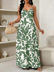 SHEIN Lady 几何印花长款吊带连衣裙，适合日常休闲穿着 - 彩色 - 查看 4