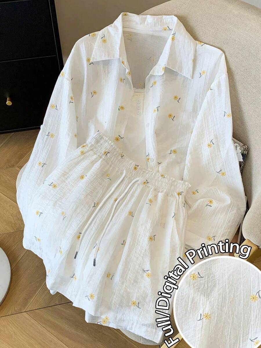 Resyla Women's Ditsy Floral Loose Regular Chiffon Drop Shoulder Long Sleeve Shirt And Shorts Set - White - View 1