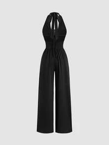 Sweetra Mono de pierna ancha con cuello alto de encaje, espalda descubierta, estilo sexy para vacaciones - Negro - Ver 2