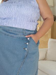 Pretty and Ole Plus Size Loose Fit Sweet A-Line Denim Mini Skirt, Blue - Medium Wash - View 3