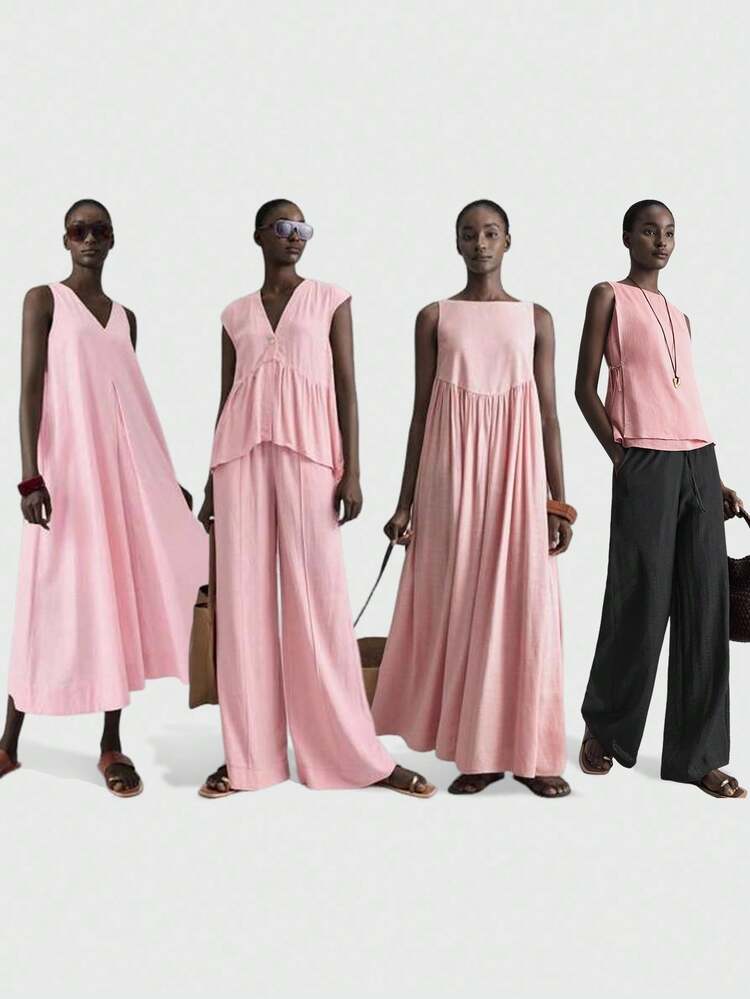 2026 Women's Teacher Outfit, Independence Day, Women's Airport Fashion, Comfortable Casual Style, V-Neck, Sleeveless, Women's Long Dress, Light Pink, Front And Back Asymmetric Dress, Flared Skirt, Pale Pink, Flared Skirt, Spring/Summer Clothing, Everyday Wear, Comfortable Casual Dress, Casual Wear, Loose Fit Beach Clothing, All Season  Ins Celebrity Same Style Vacation Style, Exotic Atmosphere, Country Concert, Western Style Clothing, High-Grade Fabric, Comfortable And Breathable Bohem