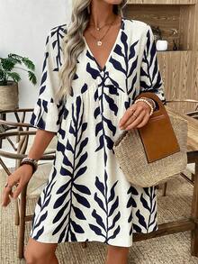 SHEIN LUNE Đầm ngắn tay xòe cổ chữ V in họa tiết lá xanh dương cho nữ, trang phục mùa hè, đầm thường ngày cho nữ, đồ nghỉ mát mùa hè, đầm đi nghỉ mát, đầm tunic, đầm sơ mi, đầm zigzag, trang phục mùa xuân cho nữ, đầm mới về, đầm thường ngày cho nữ - Nhiều màu - Xem 3