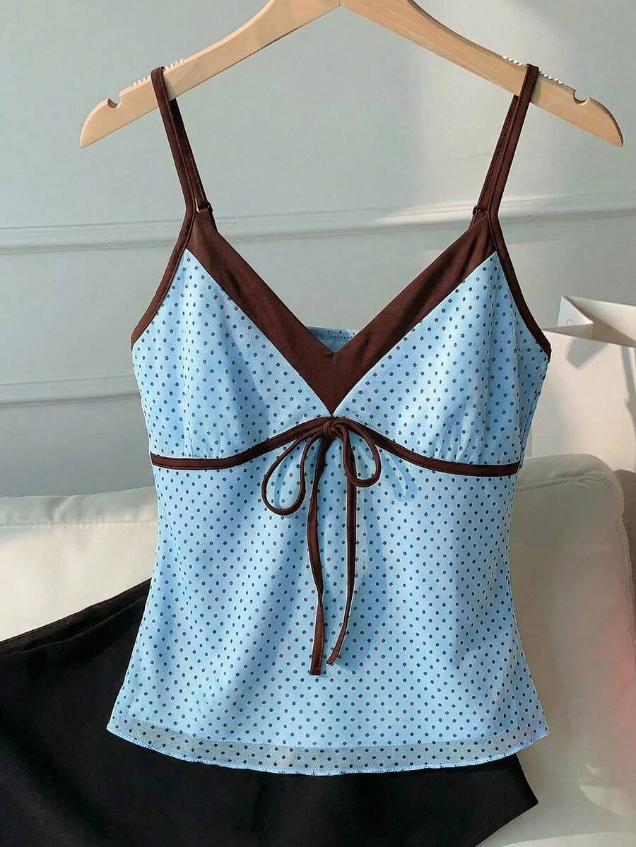 Comfortcana 女士蓝棕色波点印花系带吊带背心，春夏款 - 藍色 - 查看 1