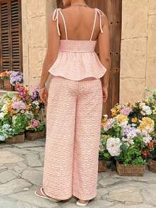 SHEIN Bộ đồ bầu 2 món gồm áo tank top buộc dây vai và quần cạp chun điều chỉnh được, chất liệu jacquard. - Màu Hồng baby - Xem 2