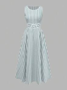 GlowEve Women's Cotton Linen Blue & White Striped Waist Patchwork Hollow Lace Trim Waist A-Line Midi Dress, Charming Elegant Daily Commute Vacation Fashion Date French Street Retro Versatile Spring Summer Blue & White New Arrival Sleeveless Shirt Dress - Multicolor - View 4