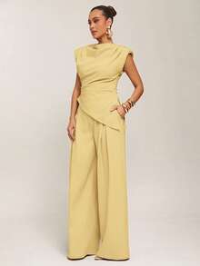 Silquee Women's Solid Color Pleated Design Asymmetric Hem Fashionable Blouse,Summer Top - Light Yellow - View 6
