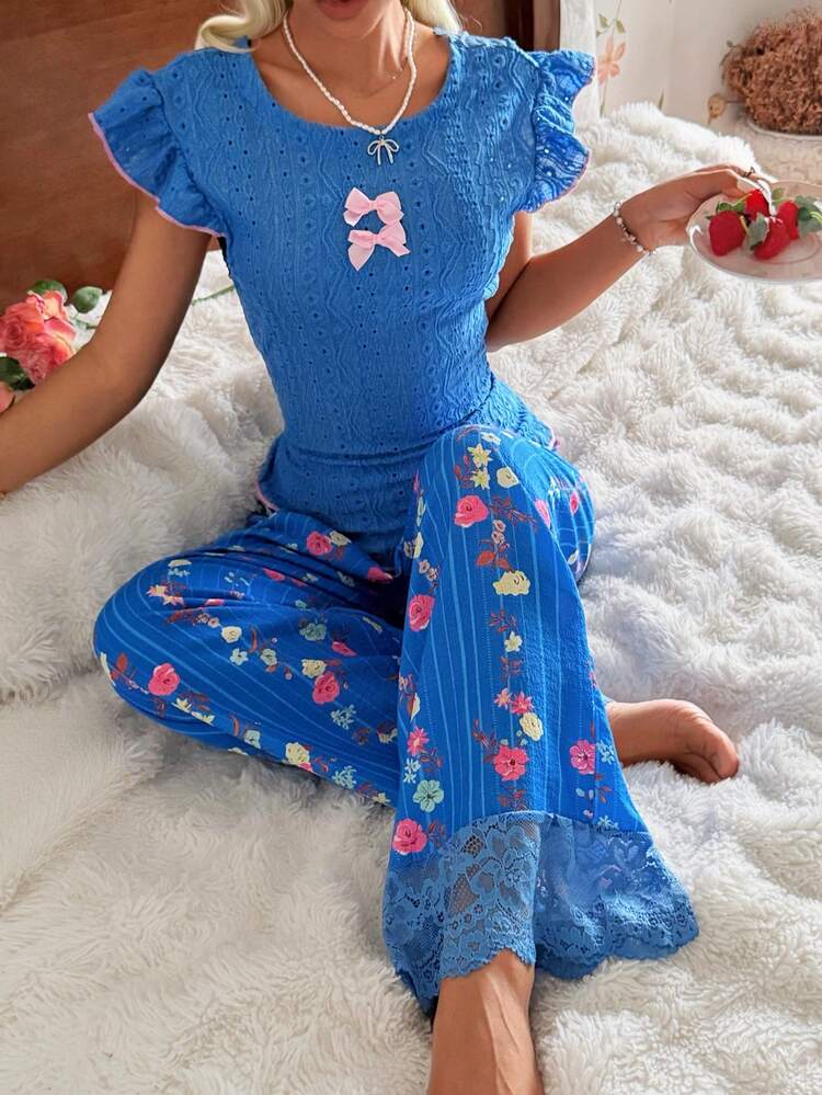 Bộ đồ ngủ CottageSlumber cổ chữ V tay ngắn sau lưng + quần dài họa tiết hoa nhí jacquard - Nhiều màu - Xem 4