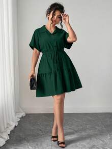 Elenzga Plus-Size Loose-Fitting Casual Shirt-Style Dress With Rich Details - Dark Green - View 4