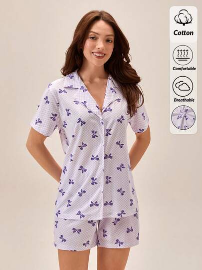 Loomlin 100% Cotton Bow And Plaid Patterned 2 Pcs Short Sleeve Button Down Sleep Shirt Top + Elastic Waist Comfort Sleep Shorts Bottom Casual Breathable Summer Pajama Set
