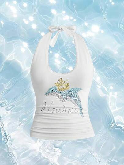 Sweetness Casual Relaxed Cute Dolphin Graphic Rhinestone Embellished Women Tank Top, Suitable For Island Vacation & Daily Wear