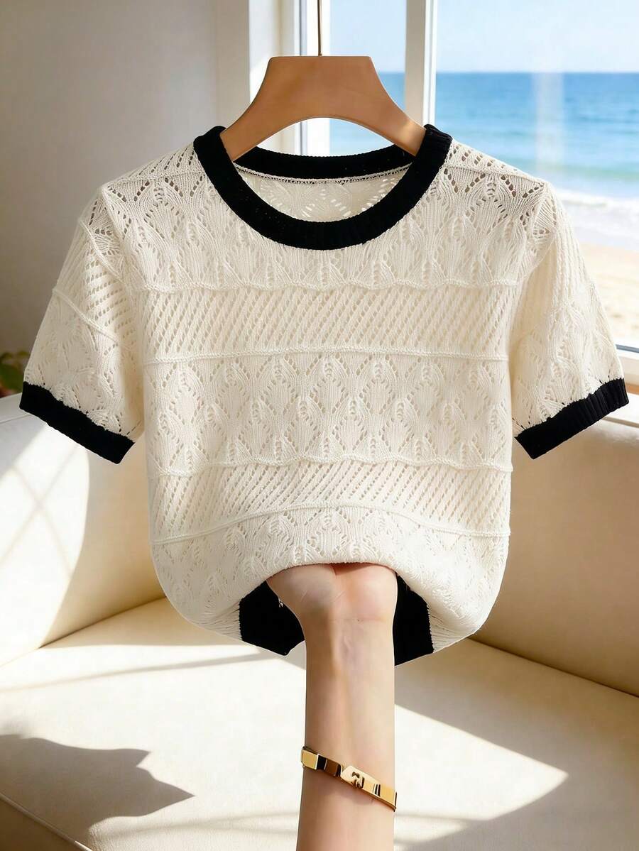 Franclia Women's Contrast Trim Hollow Out Short Sleeve Knit Top - Apricot - View 1