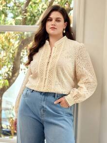 MOTF PREMIUM PLUS SIZE WOMEN SPRING/AUTUMN WHITE LACE COLLAR LONG SLEEVE BLOUSE - Apricot - View 4