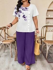 EMERY ROSE 2025 New Round Neck Plant Graphic Asymmetric Button Decor Casual Loose Plus Size Women Set - Purple - View 4