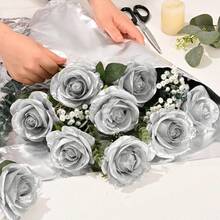 1PC/5PCS/10PCS/12PCS/ Silver 20-Inch Artificial Rose Flowers, High-End Artificial Roses, Suitable For Home Decor, Room Decor, Dining Table Decor, Wedding Decor, Bridal Bouquet, Wrist Corsage, Flower Arrangement. Suitable For Home, Restaurant, Bedroom, Vase Decoration. - Silver - View 5
