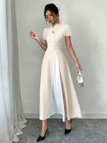 Rafferiza Women's Elegant Dress With Short Puff Sleeves And Button Design - Apricot - View 6