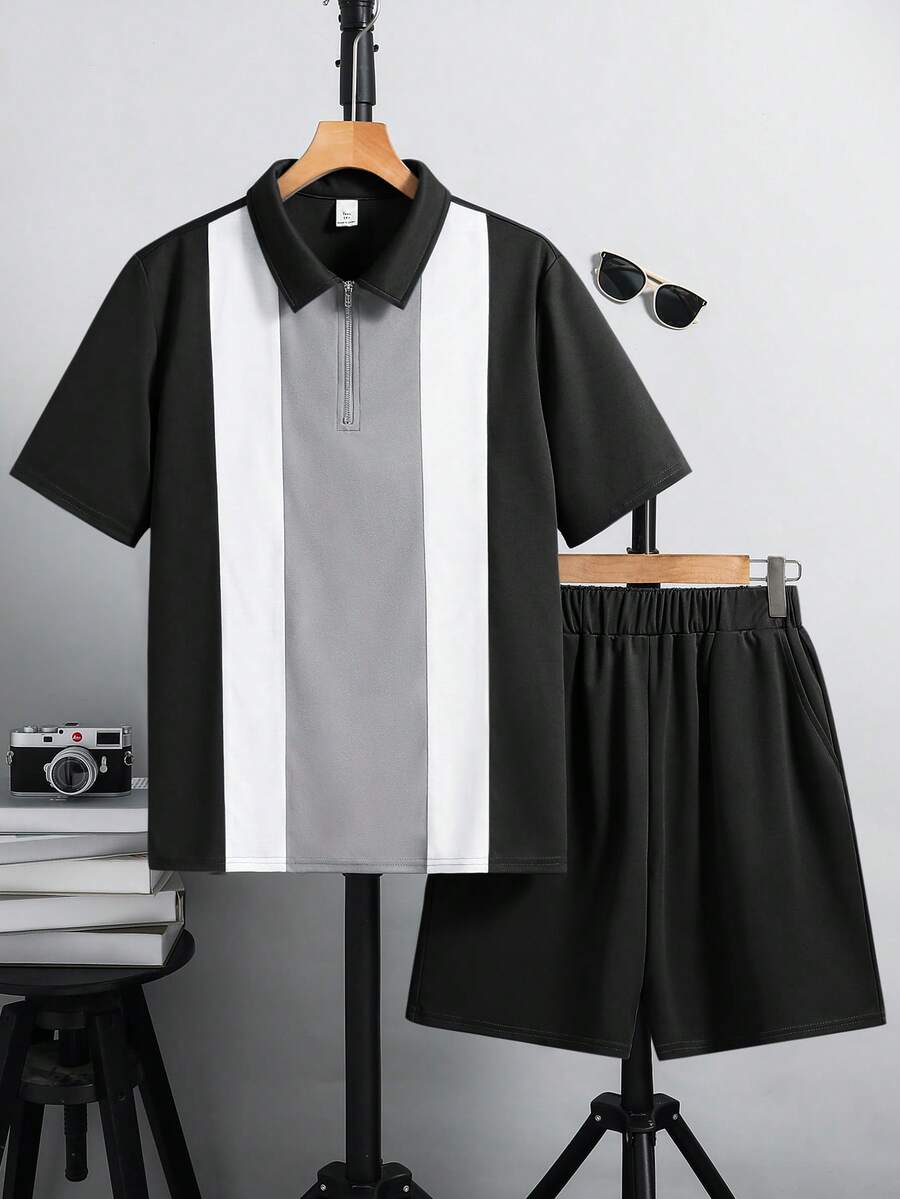 SHEIN 两件套青少年男童休闲学院风撞色Polo衫短裤套装,适合通勤、上学、日常休闲穿着及运动,春夏男童夏季套装,男童度假装 - 黑色 - 查看 1
