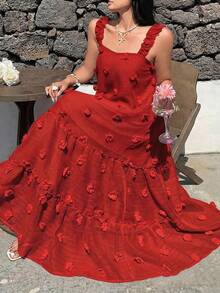 Sunnyshic Plus Size Square Neck Spaghetti Strap A-Line Dress, Vacation Style - Burgundy - View 3