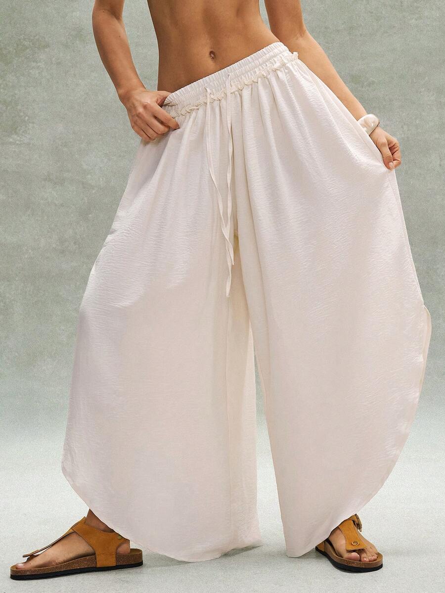Bohemela 女士休闲纯色梭织宽松不对称下摆裤 - 白色 - 查看 1