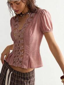 SHEIN BohoFeels 休闲纯色编织拼接蕾丝边短袖女式衬衫 - 粉色 - 查看 6