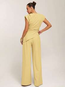 Silquee Women's Solid Color Pleated Design Asymmetric Hem Fashionable Blouse,Summer Top - Light Yellow - View 5