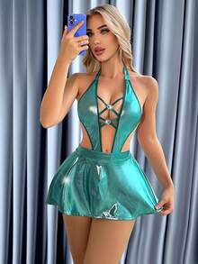 Spicy Aura 2pcs Shiny Sexy Lingerie Set For Women - Green - View 6