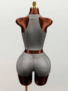 Mistrie Áo khoác gile denim cổ bẻ dáng ngắn có khóa kéo dành cho nữ - trắng - Xem 2