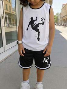 SHEIN Set da 2 pezzi di canotta e pantaloncini sportivi casual e morbidi per ragazzi pre-adolescenti, adatti per pendolarismo, scuola, uso casual quotidiano, sport, primavera/estate - Bianco - Visualizzare 6