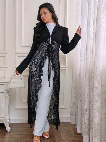 Modelyn Áo blazer nữ màu trơn cổ ve lật viền ren thanh lịch