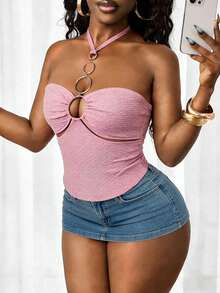 Zyxie 圆环露背吊带短款上衣，度假风 - 粉色 - 查看 1