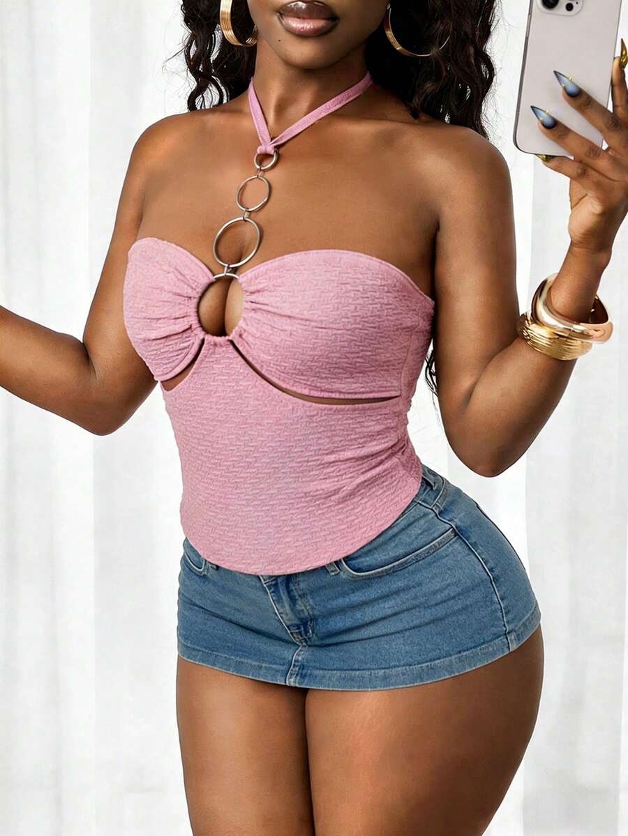 Zyxie 圆环露背吊带短款上衣，度假风 - 粉色 - 查看 1