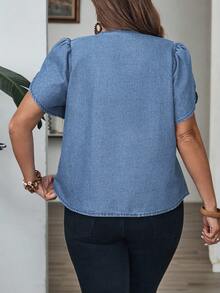 EMERY ROSE Mature Denim Plus Size Summer Casual Petal Sleeve Denim Blouse Going Out Tops Women - Light Wash - View 2