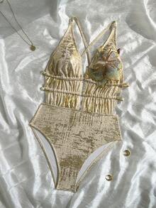 Swim Chiccia Áo tắm liền thân dây rút họa tiết hoa ánh kim sang trọng - Vàng - Xem 6