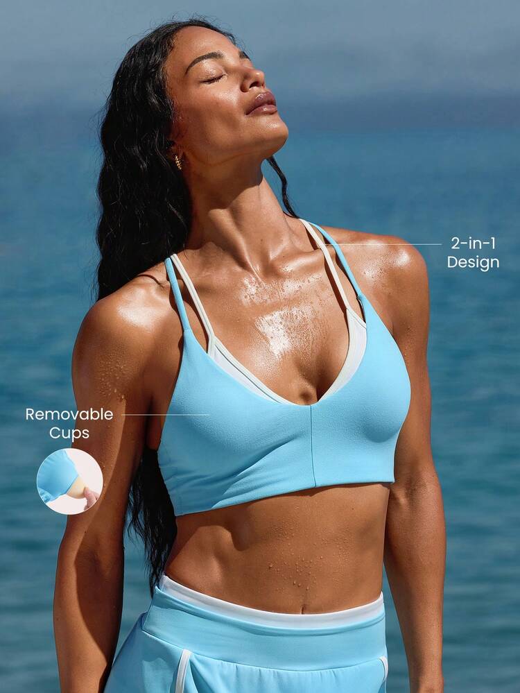 FeatherFit™ Glow Where You Go Removable Cups 2-Piece Contrasting Sports Bra Low Impact Vacation Holiday Summer Travel Beach Daily Casual Wear